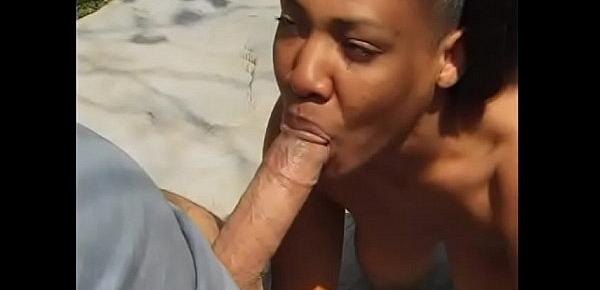  Hot black girl Pebbles with awesome tits gives head in the backyard